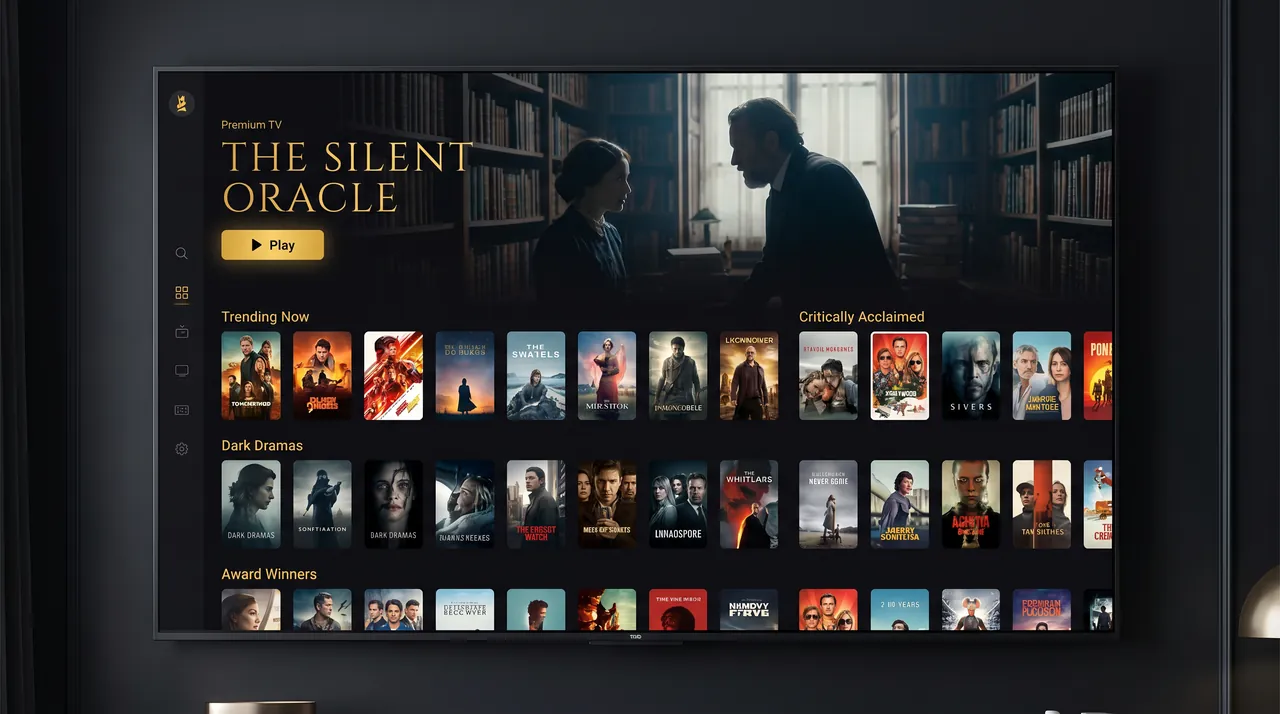 Balkan IPTV video-on-demand interface with hundreds of movie and series posters in an elegant dark menu